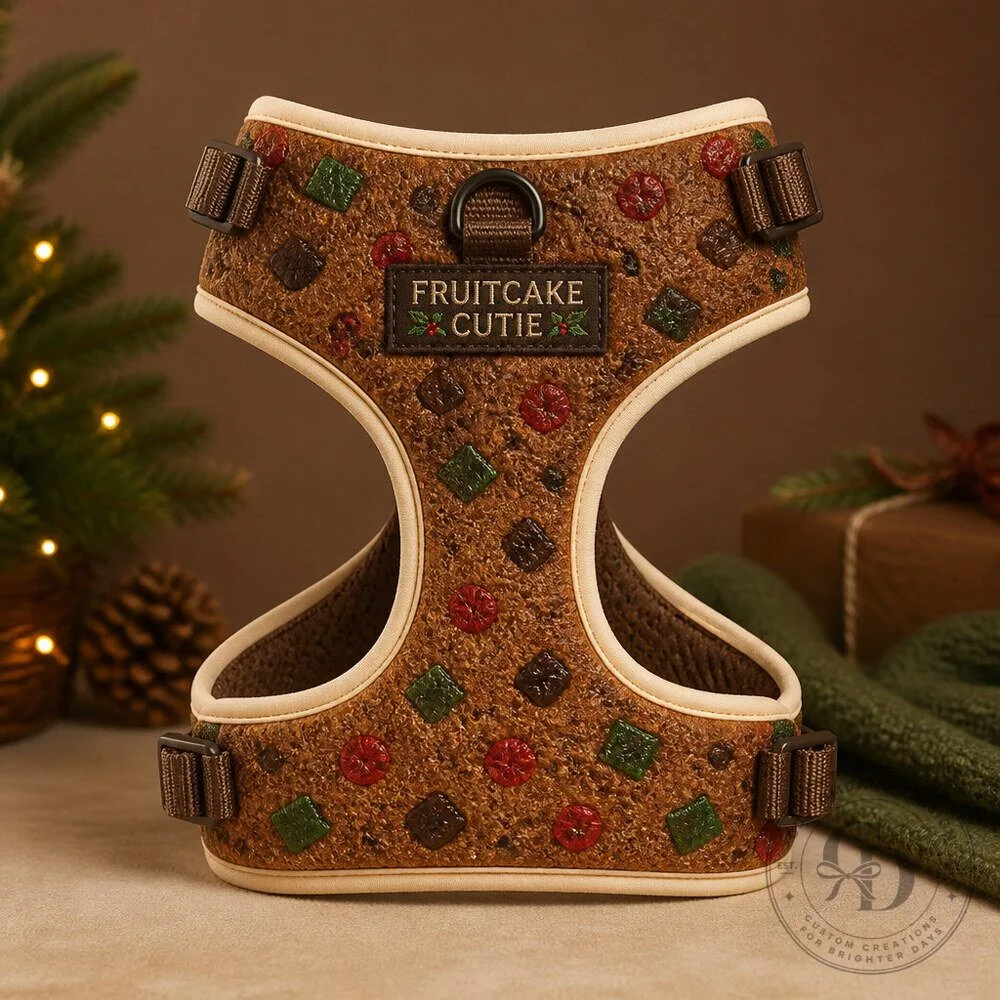Christmas Fruitcake Dog Harness Costume with Colorful Stitched Fruit Details