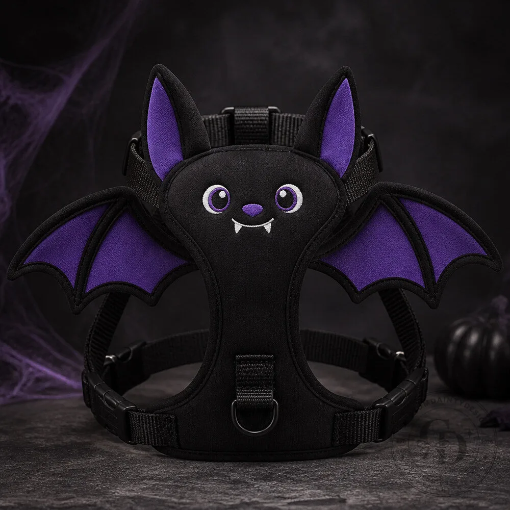 Black Bat Wing Dog Harness Costume with Soft Scalloped Wings for Halloween