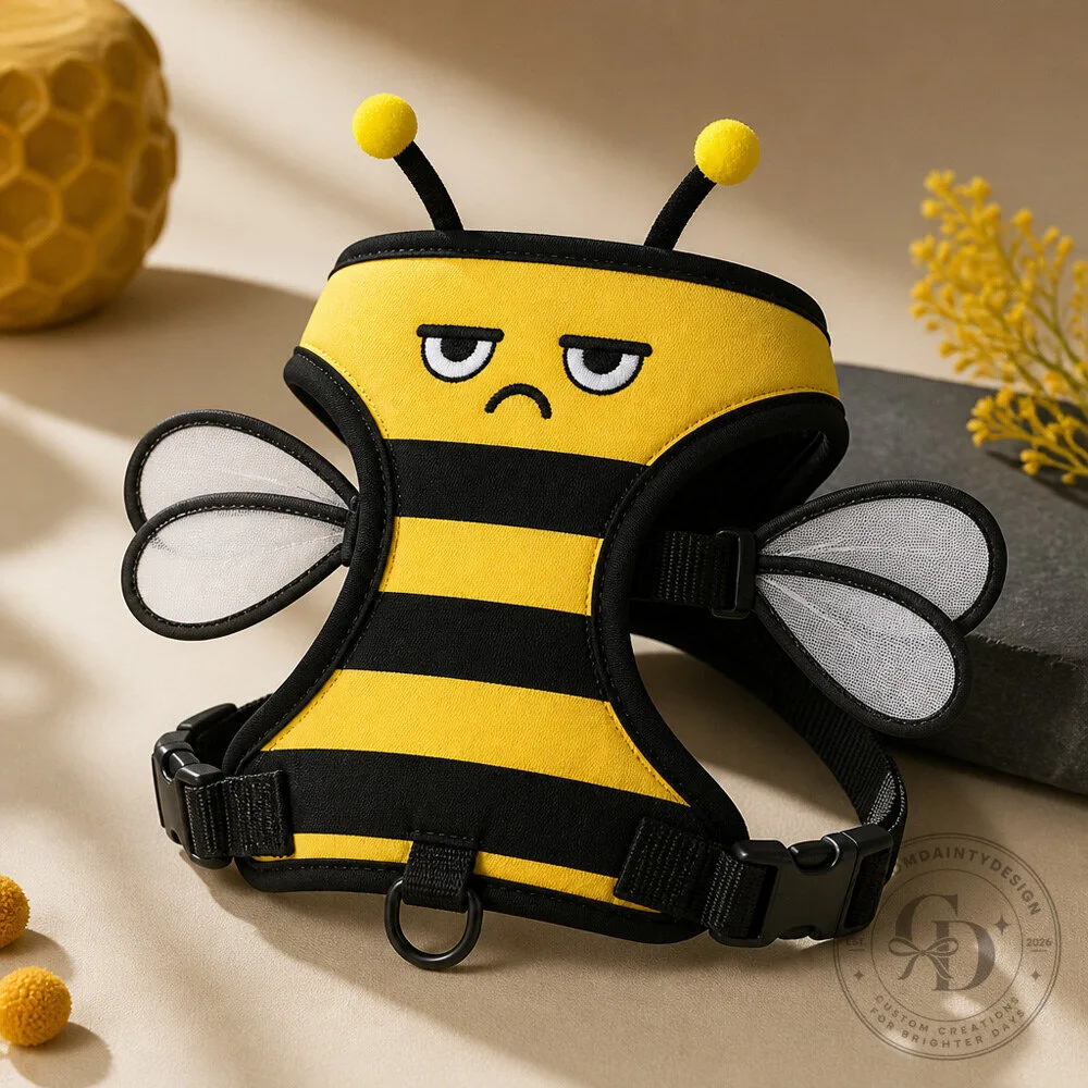 Yellow and Black Bee Dog Harness Costume with Soft Wings and Funny Original Face