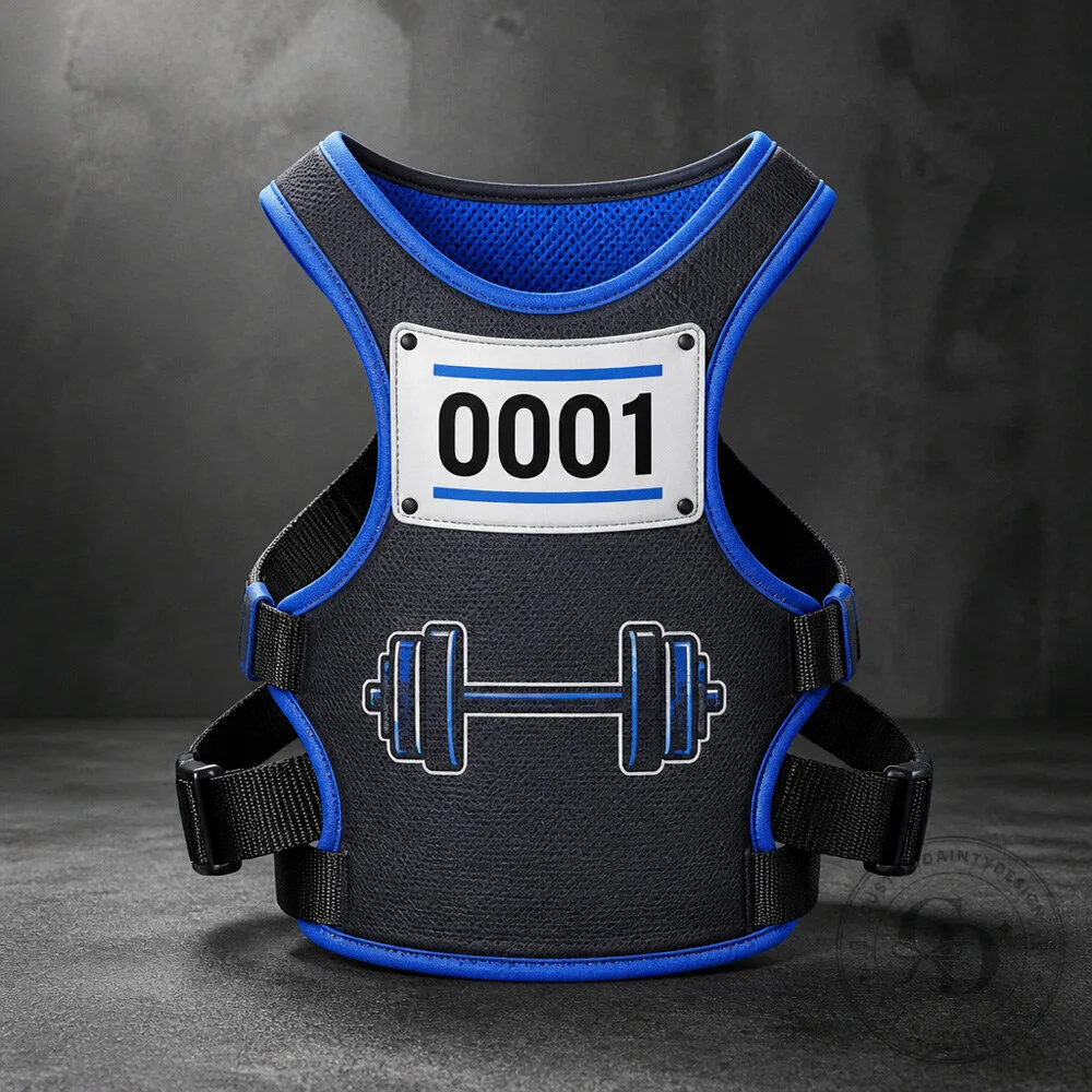 Fitness Trainer Dog Harness Costume with Athletic Panel and Generic Number Bib